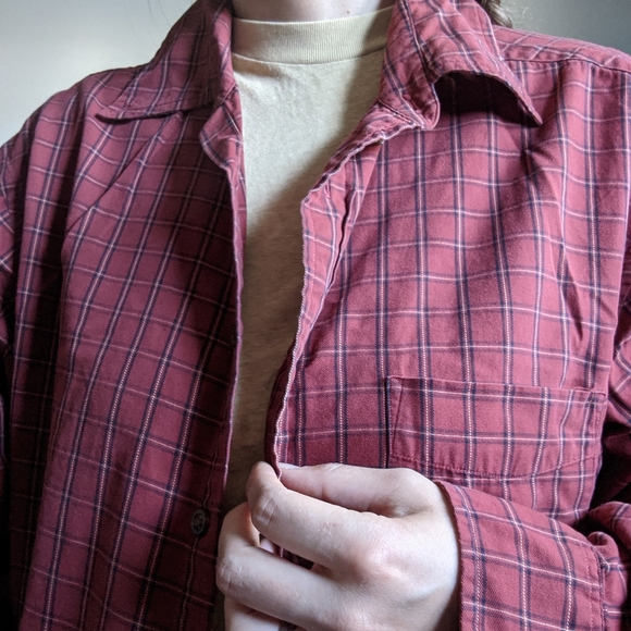 Thin cotton button front red plaid shirt - Picture 3 of 5